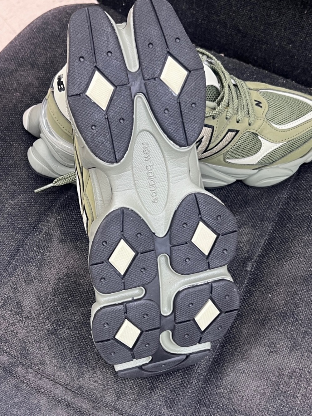 New Balance 9060 Dark Olivine Olivine Black Suede Mesh Sneakers - Picture 6 of 7